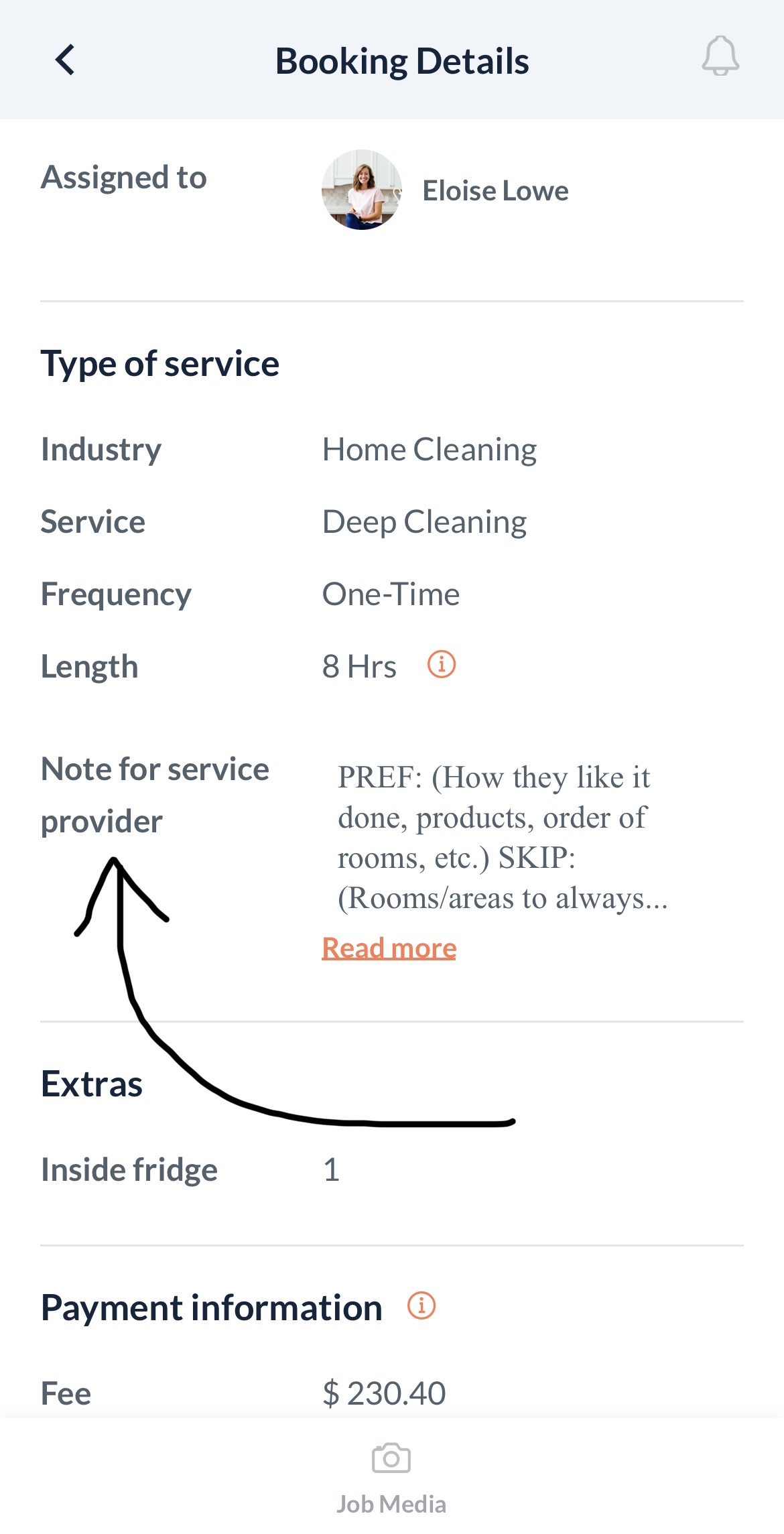 Note for Service Provider field in your provider job card