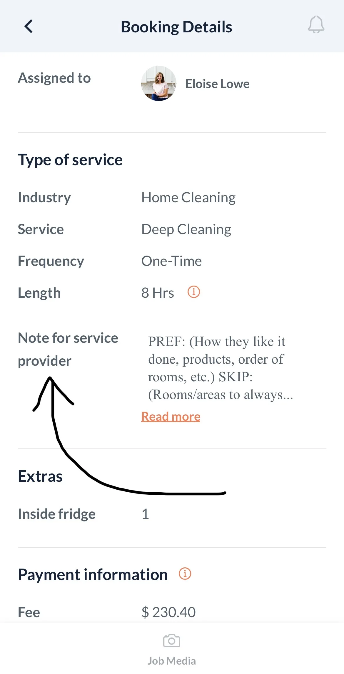 Note for Service Provider field in your provider job card