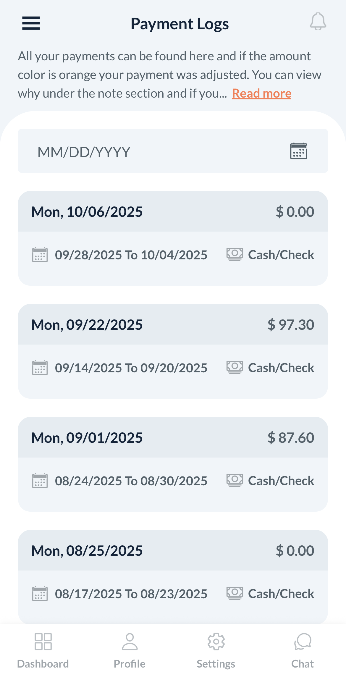 Your payment history in the dashboard